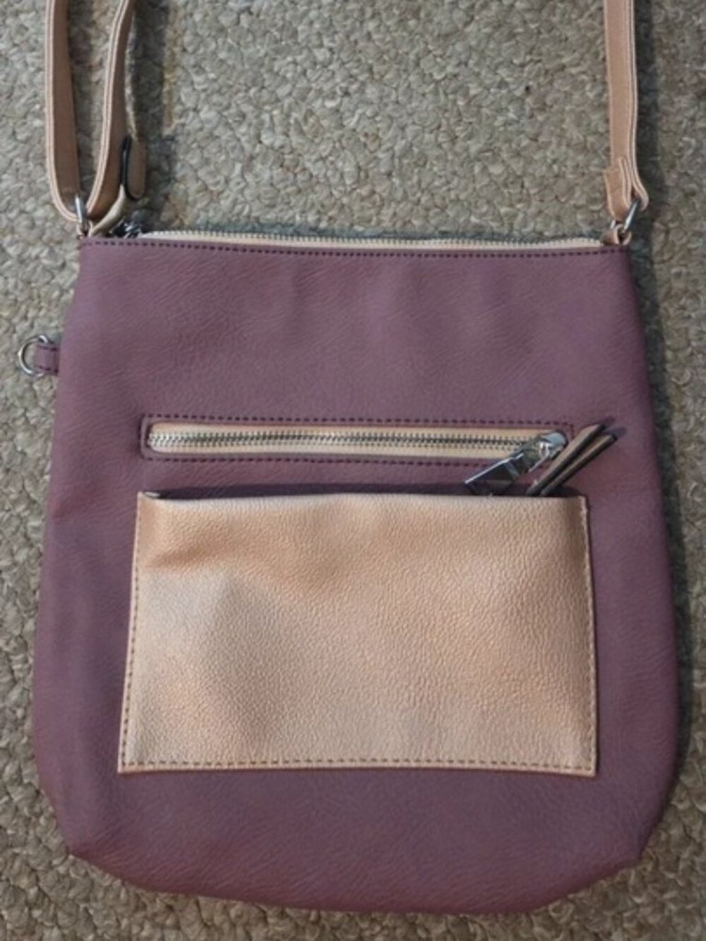 Black Rivet Crossbody Purse Purple Khaki Zipper Enclosure with Pockets